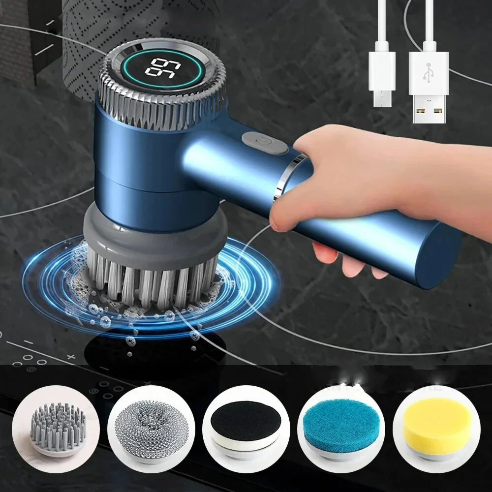 (image for) 1200mAh Electric Dish Pot Cleaning Brush with 5 Brush Heads Bathroom Professional Cleaning Automatic Handheld Rechargeable Electric Cleaning Brush Kitchen Dishwashing Bottle Brush