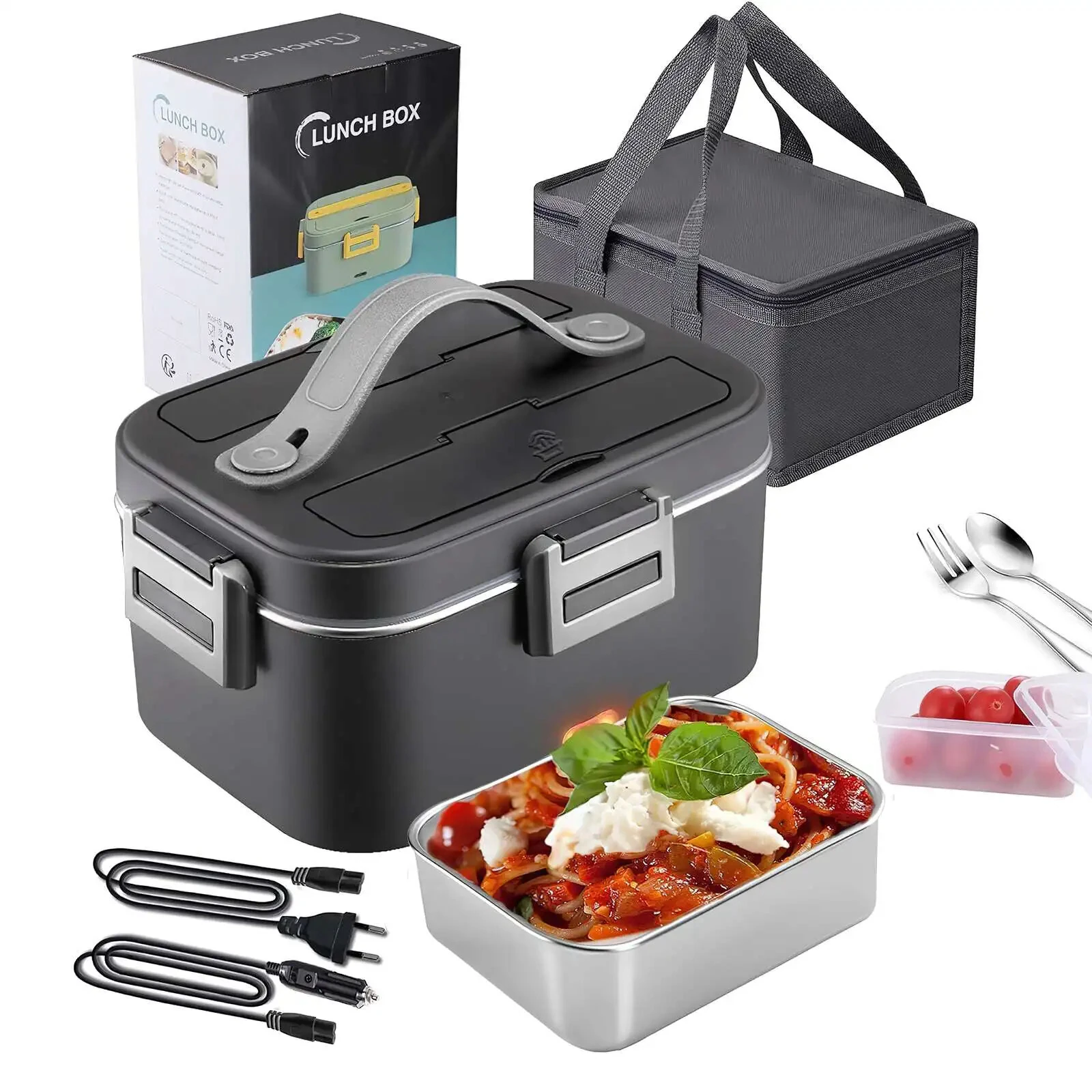 (image for) 12V 24V 220V 1.8L Car Home Dual-use Insulated Heating Lunch Box Household Car Electric Lunch Box 304 Stainless Steel Food Heating Lunch Box Food Heating Insulation Container Set