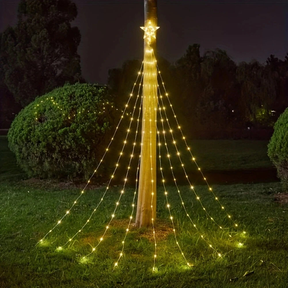 (image for) 198 LED Five-Pointed Star Light Waterfall Light Water Trailing Light Christmas Holiday Decoration Light Garden Star Light String 8 Mode Function