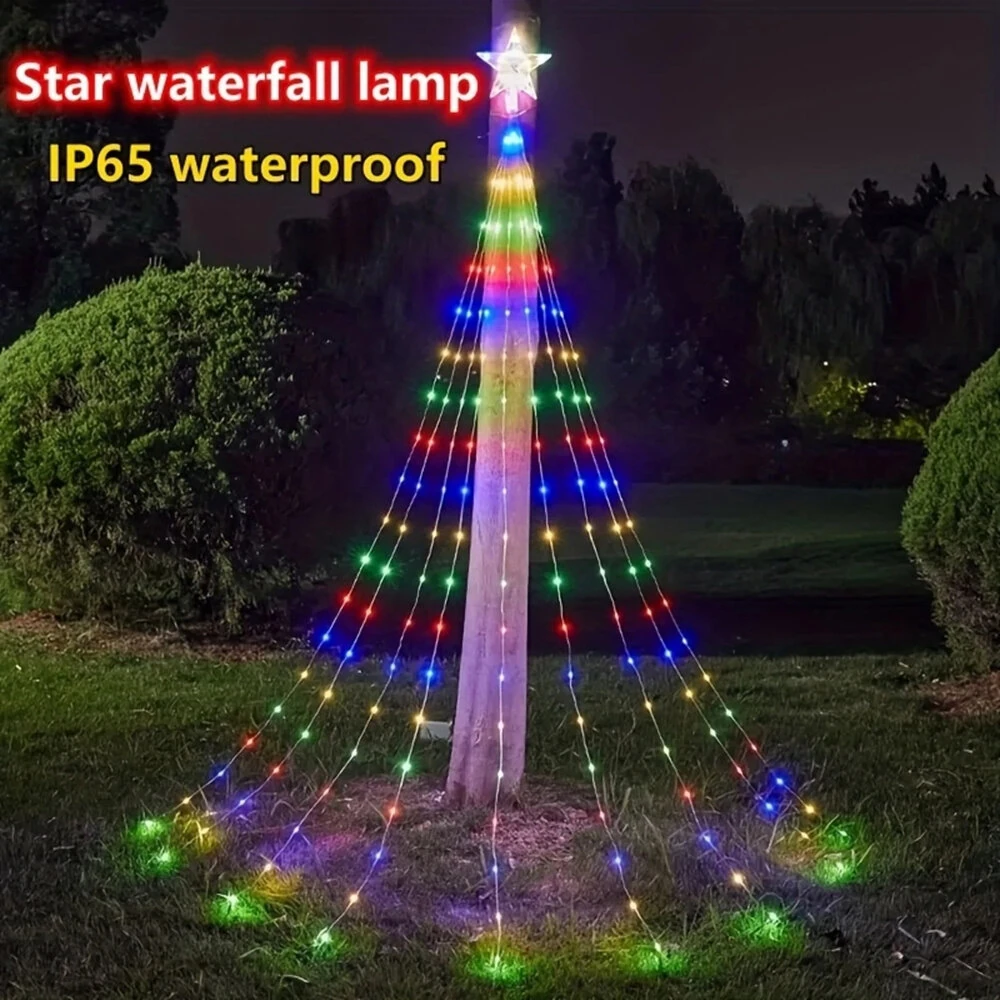 (image for) 198 LED Five-Pointed Star Light Waterfall Light Water Trailing Light Christmas Holiday Decoration Light Garden Star Light String 8 Mode Function