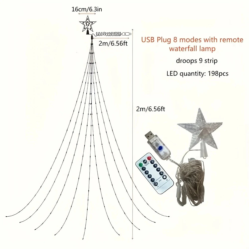 (image for) 198 LED Five-Pointed Star Light Waterfall Light Water Trailing Light Christmas Holiday Decoration Light Garden Star Light String 8 Mode Function