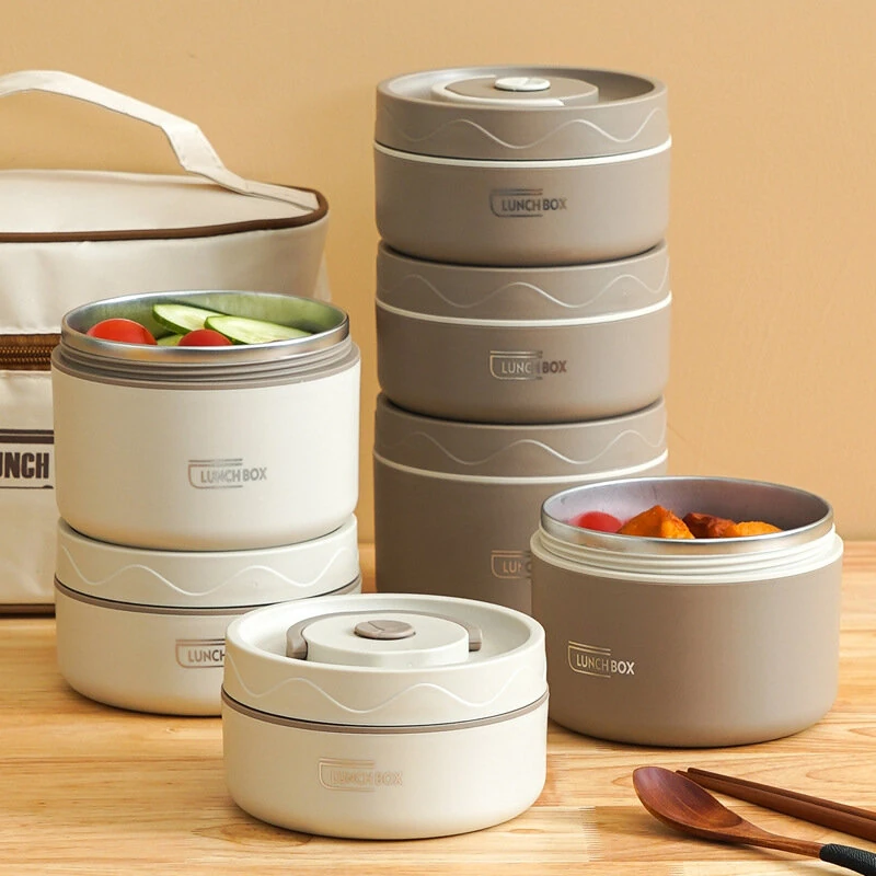 (image for) 304 Stainless Steel Multi-layer Insulated Lunch Box Portable Thermos Lunch Box Set Bento Box Stackable for Kids Adults School Picnic Fruit Salad Food Container Thermal Lunch Bag