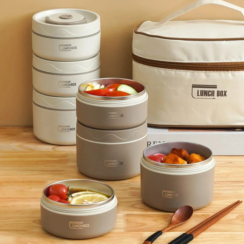 (image for) 304 Stainless Steel Multi-layer Insulated Lunch Box Portable Thermos Lunch Box Set Bento Box Stackable for Kids Adults School Picnic Fruit Salad Food Container Thermal Lunch Bag