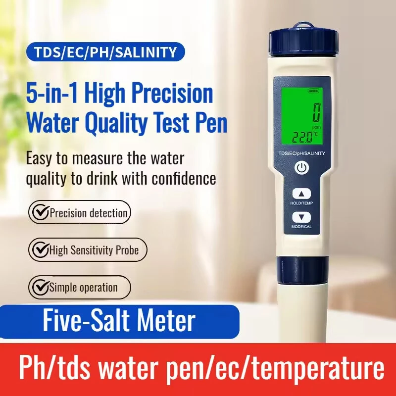(image for) 5-In-1 Salinity Meter PH/TDS Water Tests TIF/EC/Temperature Multifunctional Water Quality Tests TIF with LCD Display