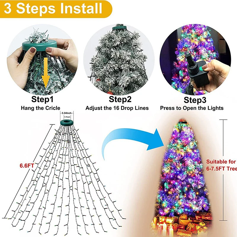 (image for) 6.6 FT 16 Lines 400LED 8 Modes Christmas Tree Lights Decoration Tree Top Lights String Courtyard Garden Outdoor Waterproof Waterfall Lights LED Lights