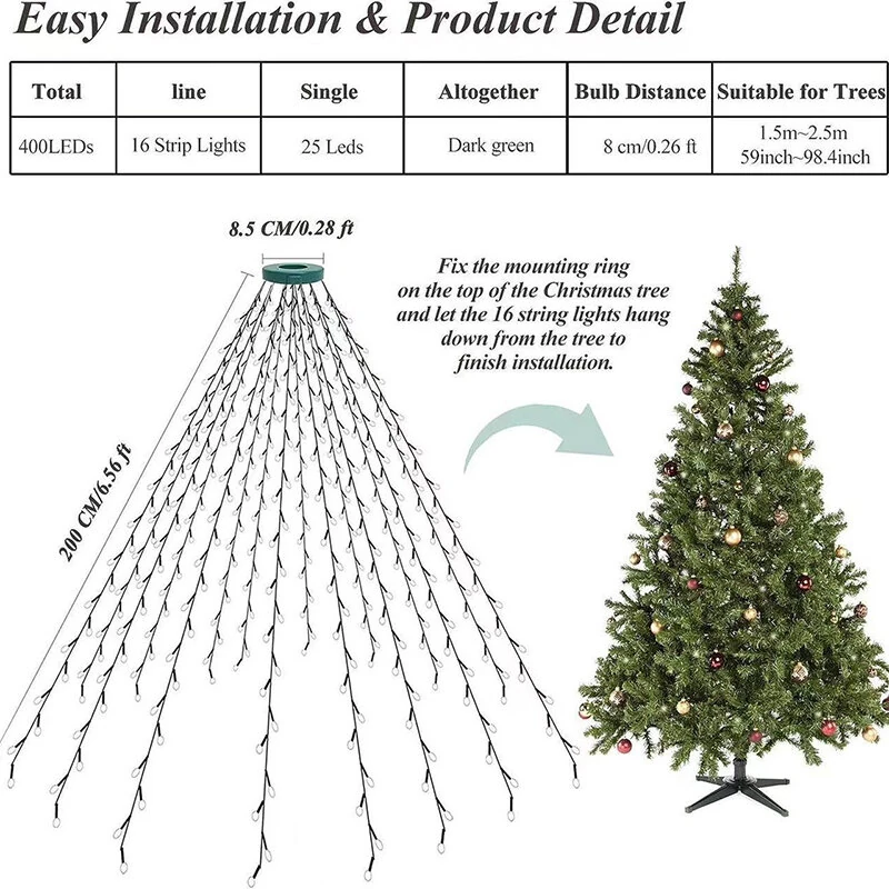 (image for) 6.6 FT 16 Lines 400LED 8 Modes Christmas Tree Lights Decoration Tree Top Lights String Courtyard Garden Outdoor Waterproof Waterfall Lights LED Lights