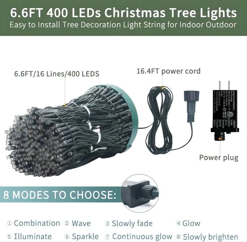 (image for) 6.6 FT 16 Lines 400LED 8 Modes Christmas Tree Lights Decoration Tree Top Lights String Courtyard Garden Outdoor Waterproof Waterfall Lights LED Lights
