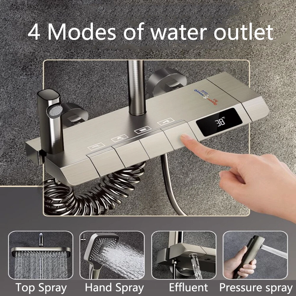 (image for) Agsivo High Pressure Shower Copper Body Kit Piano Keys Thermostat LED Digital 4 Modes Faucet Household Copper Booster Shower High Pressure Spray Gun