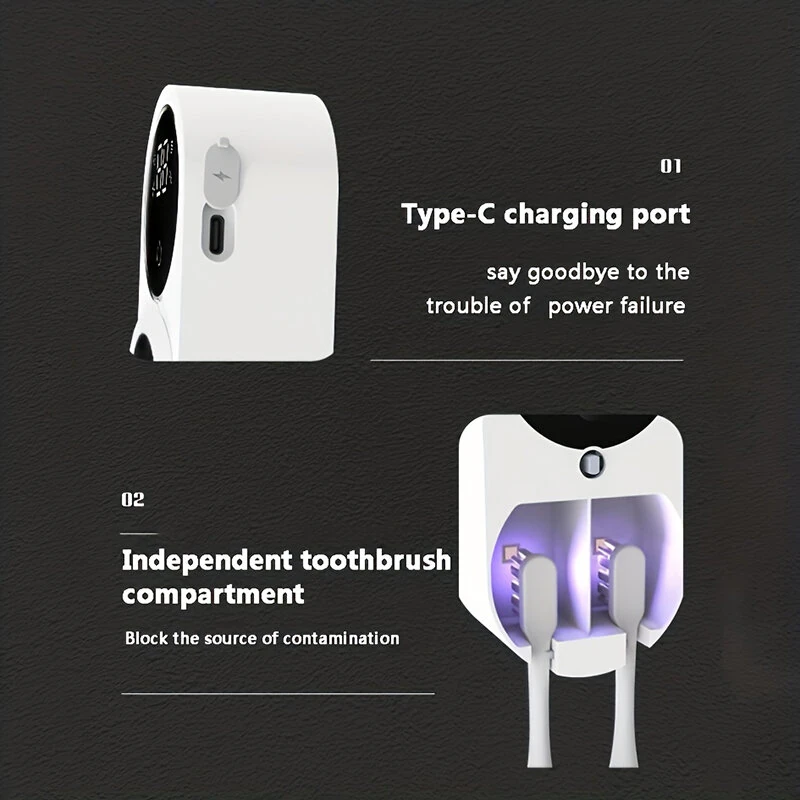 (image for) Intelligent Sensor Toothbrush Sanitizer Case UV Smart Toothbrush Sterilizer Toothbrush Holder With Intelligent Power Display Wall-Mounted Toothbrush Storage Rack Disinfection Toothbrush Stora