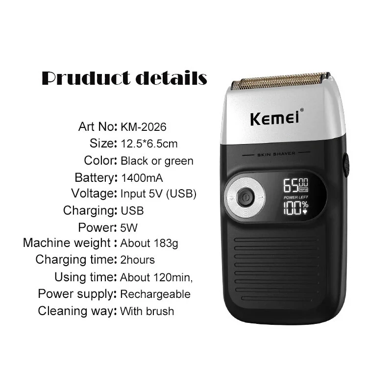 (image for) Kemei Model KM-2026/KM-2027 Electric Shaver Rechargeable Beard and Hair Trimmer with Two Floating Razor Heads 120 Minutes Usage Time Simple Cleaning and Maintenance Black or Green