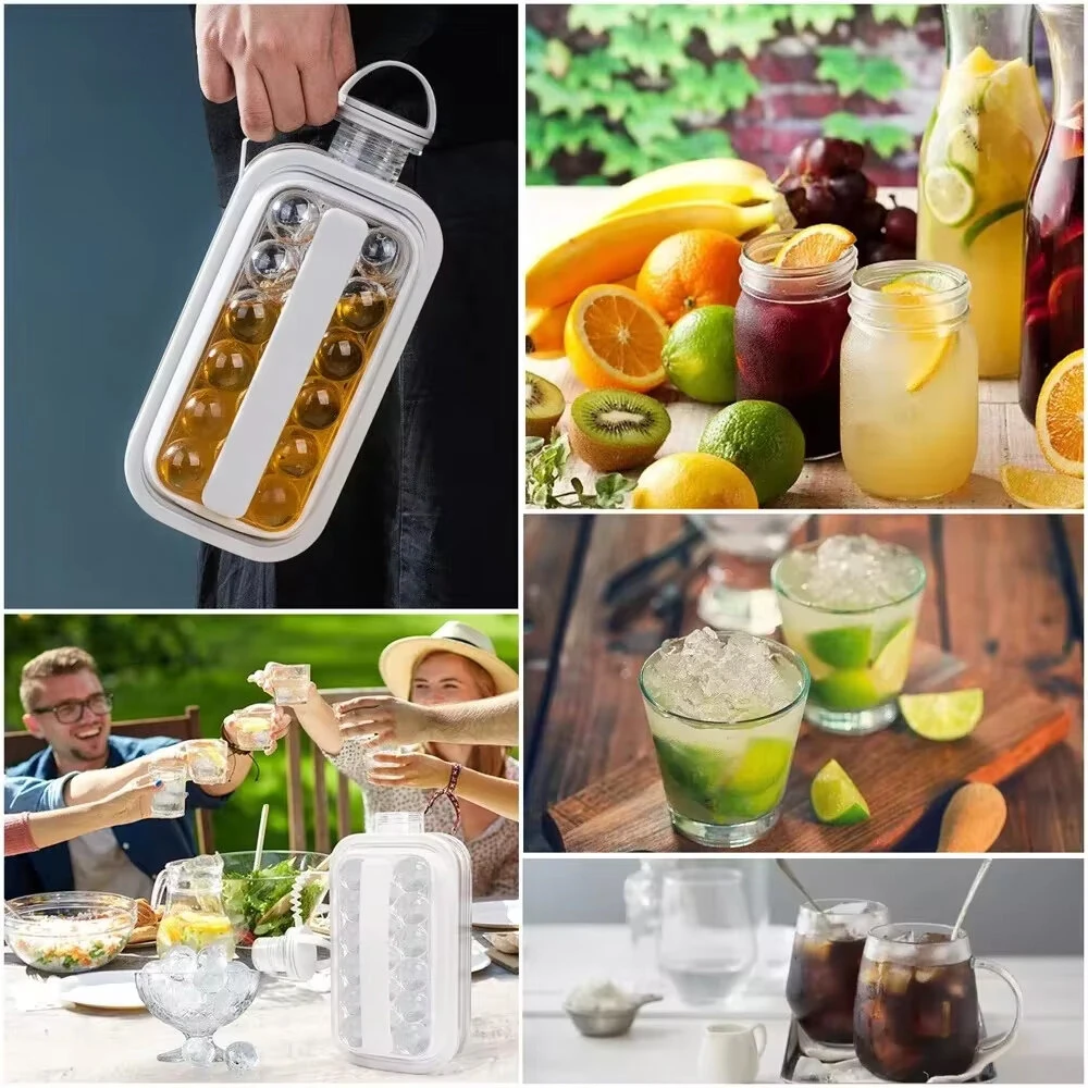 (image for) Portable Ice Hockey Pot 2 In 1 Water Bottle Ice Ball Machine Bottle Reusable Round Ice Cube Molds For Whiskey Juice Cocktails Kitchen Bar Ice Tools