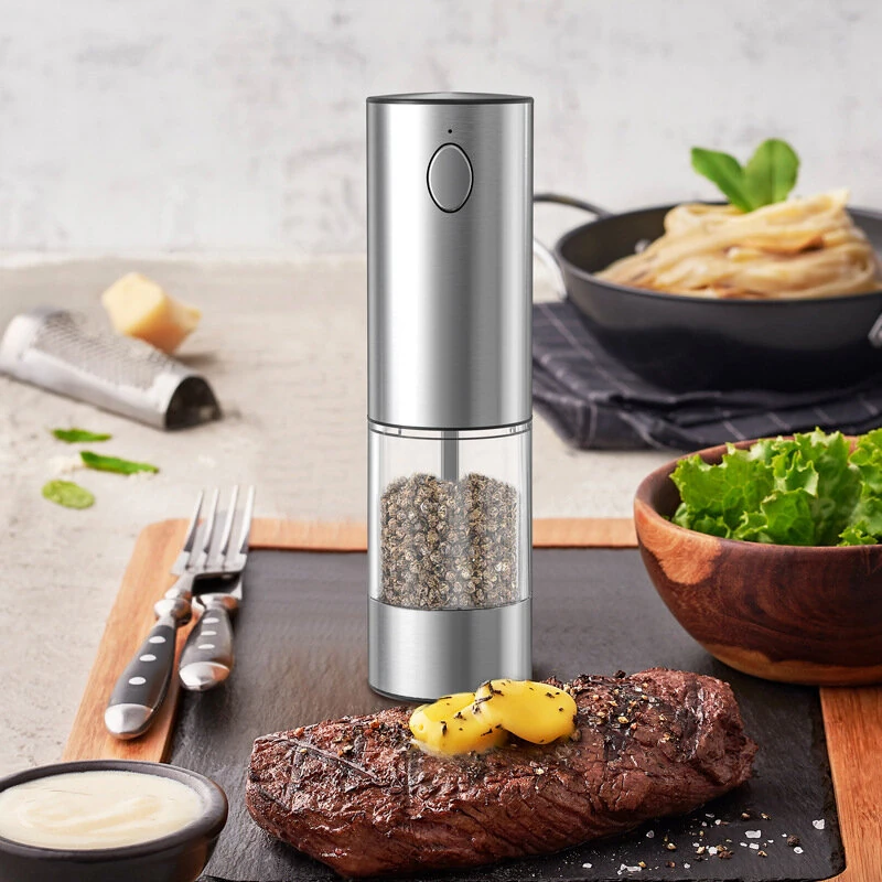 (image for) Stainless Steel Electric Pepper Grinder Set Rechargeable 95ML Pepper Grinder Set Sea Salt Grinder Electric Black White Pepper Grinder Bottle