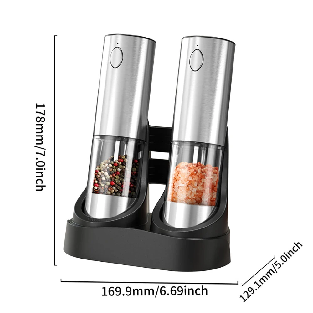 (image for) Stainless Steel Electric Pepper Grinder Set Rechargeable 95ML Pepper Grinder Set Sea Salt Grinder Electric Black White Pepper Grinder Bottle