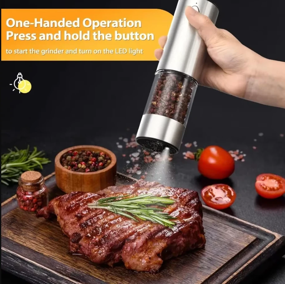 (image for) Stainless Steel Electric Pepper Grinder Set Rechargeable 95ML Pepper Grinder Set Sea Salt Grinder Electric Black White Pepper Grinder Bottle