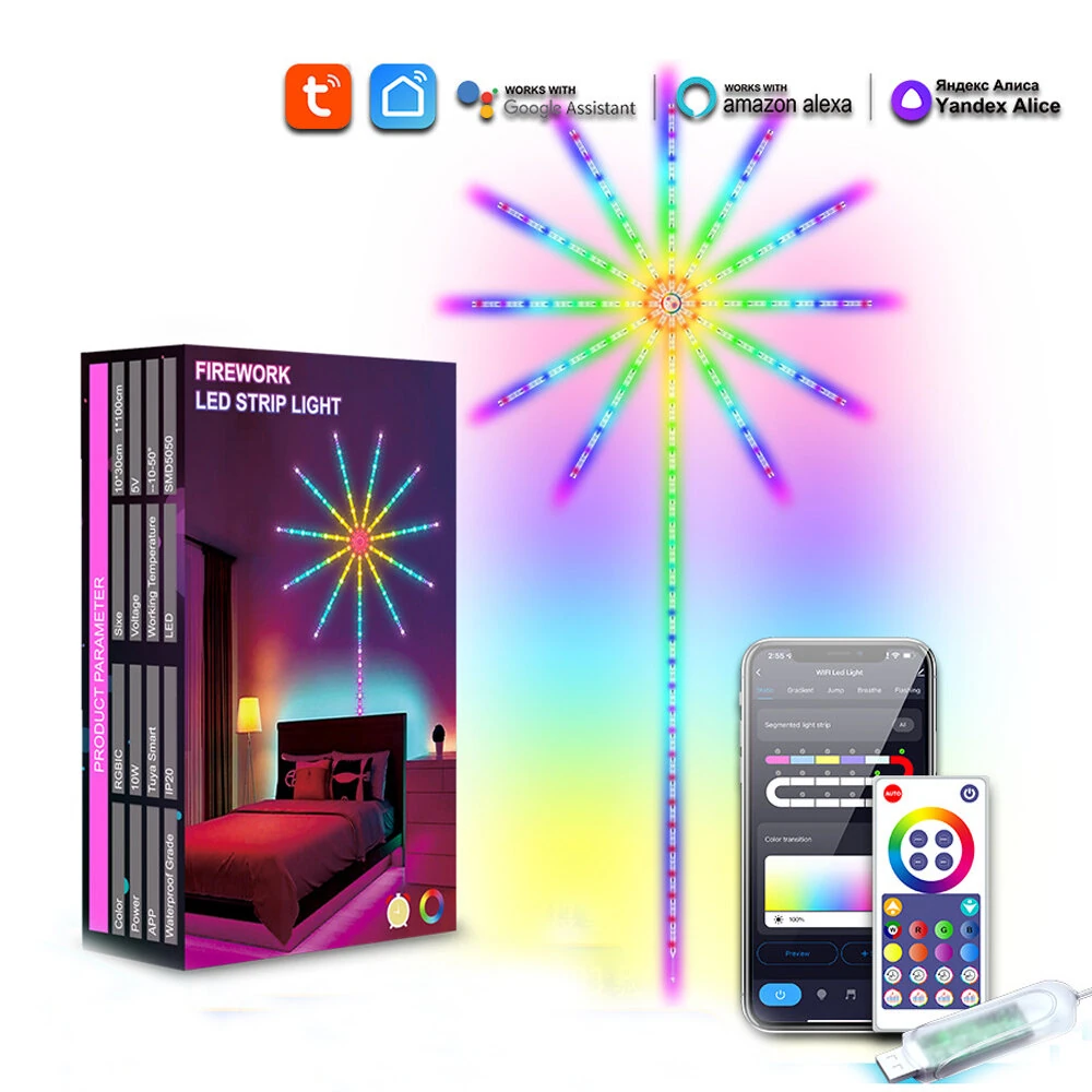 (image for) Tuya 0.5M*10+1M*1 Festive Atmosphere Decorative Colorful Firework Lights LED Colorful Firework Sound Drum Meteor Explosion Starry Sky Full Color Lights With Christmas Decoration Atmosphere Li