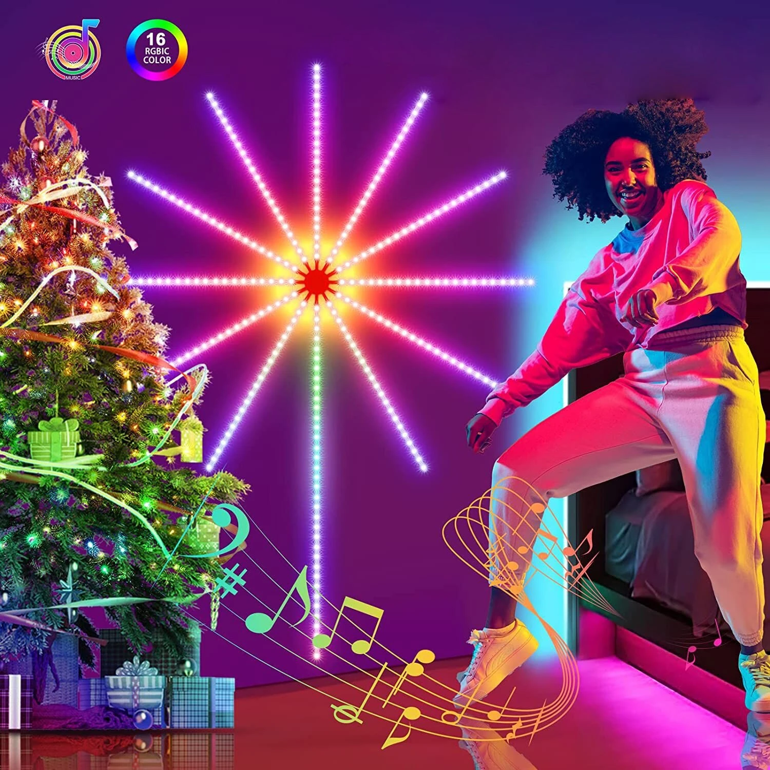 (image for) Tuya 0.5M*10+1M*1 Festive Atmosphere Decorative Colorful Firework Lights LED Colorful Firework Sound Drum Meteor Explosion Starry Sky Full Color Lights With Christmas Decoration Atmosphere Li