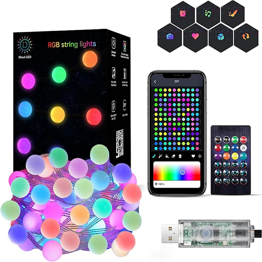 (image for) iDeal LED APP Smart Festival Decoration Small White Ball USB Magic Color Point Control Light String Villa 8 Function Leather Line Light String Garden Starry Sky Decorative Light