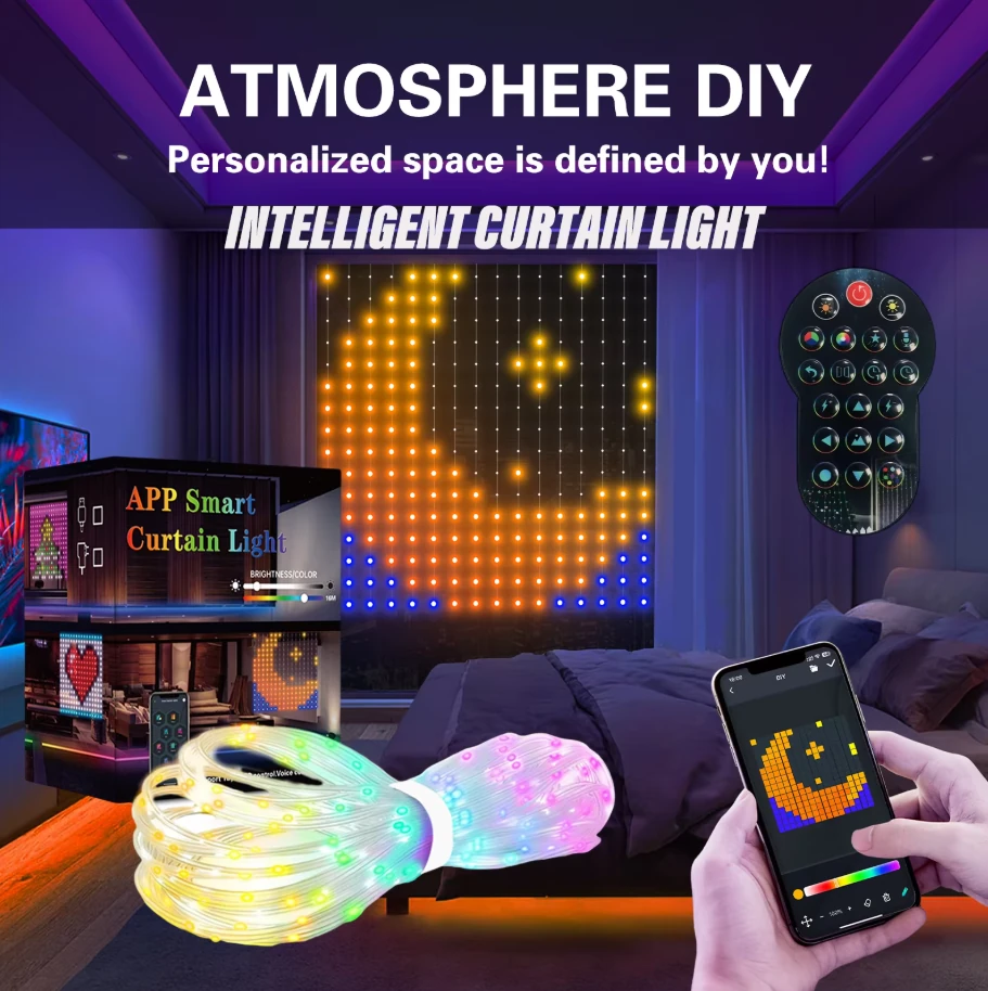 (image for) iDeal LED Control Intelligent Colorful Point Control Curtain Light 160x160cm Smart Curtain Lamp 256PCS RGB Lamp Bead IP65 Waterproof